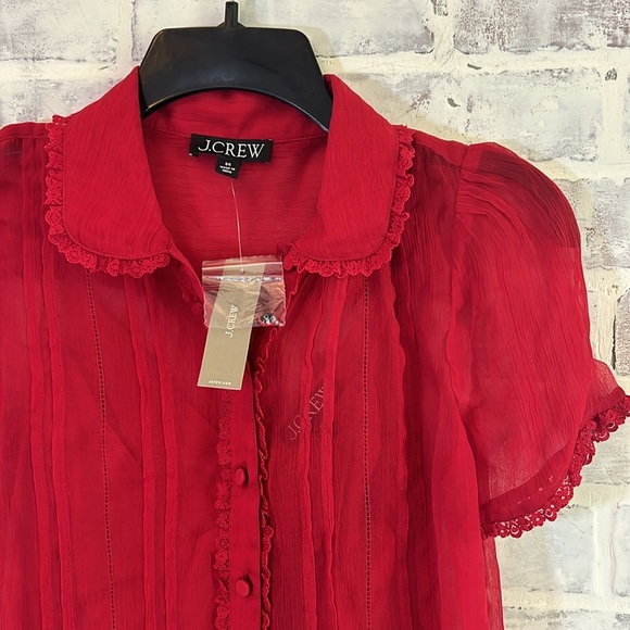 J.Crew Women’s Sheer Lace-Trim Button Up Shirt Short Sleeves Red NWT Sz 00 CD018 - Picture 4 of 9
